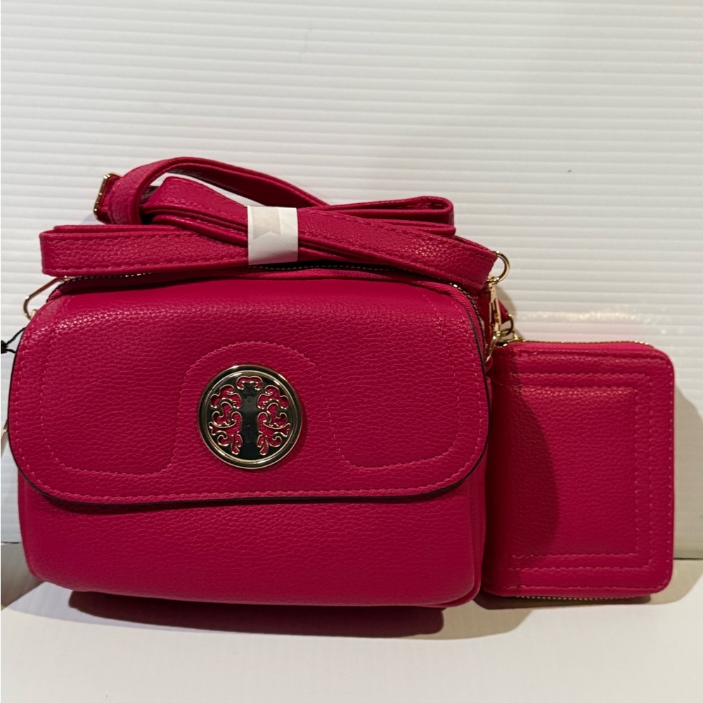 NWT 2PC Vegan Leather Elegant Magenta Handbag / Crossbody Bag Matching Wallet